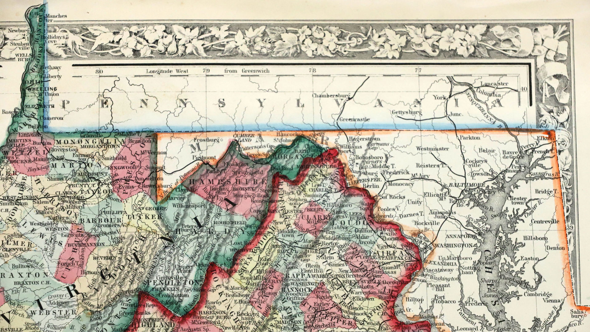 Close up of 1863 West Virginia Map